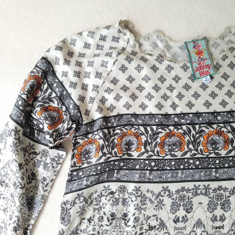 JOHNNY WAS Silk Twill Long Sleeve Tunic Geo Block Print "Rio" Top EXTRA SMALL